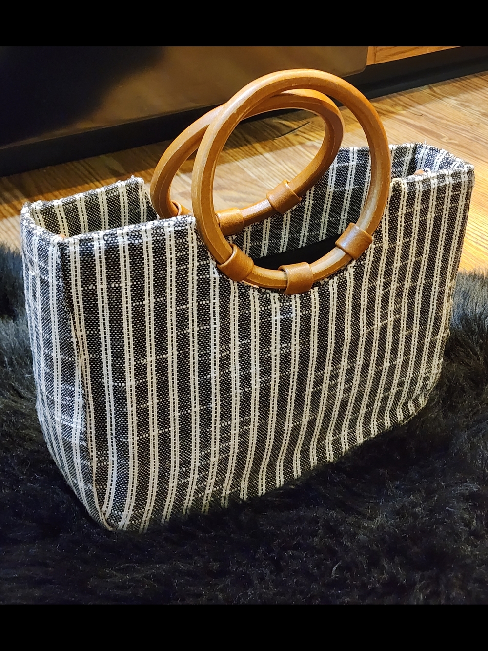 Striped Black & White Tweed Fabric Tote with Brown Round Wooden Handles